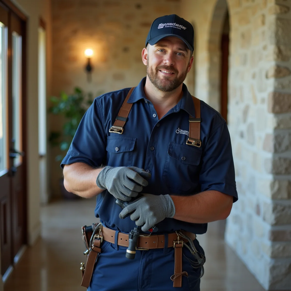 Master plumber inspecting luxury estate plumbing manifold