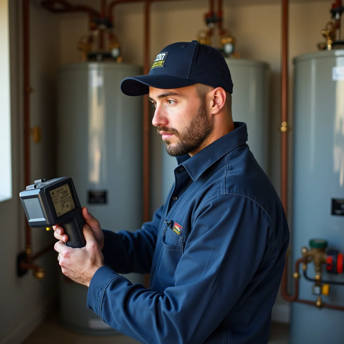 Master plumber testing gas line pressure gauge in Southlake TX