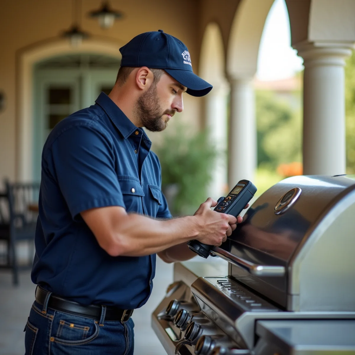 Licensed plumber testing gas line pressure for outdoor kitchen in Southlake TX