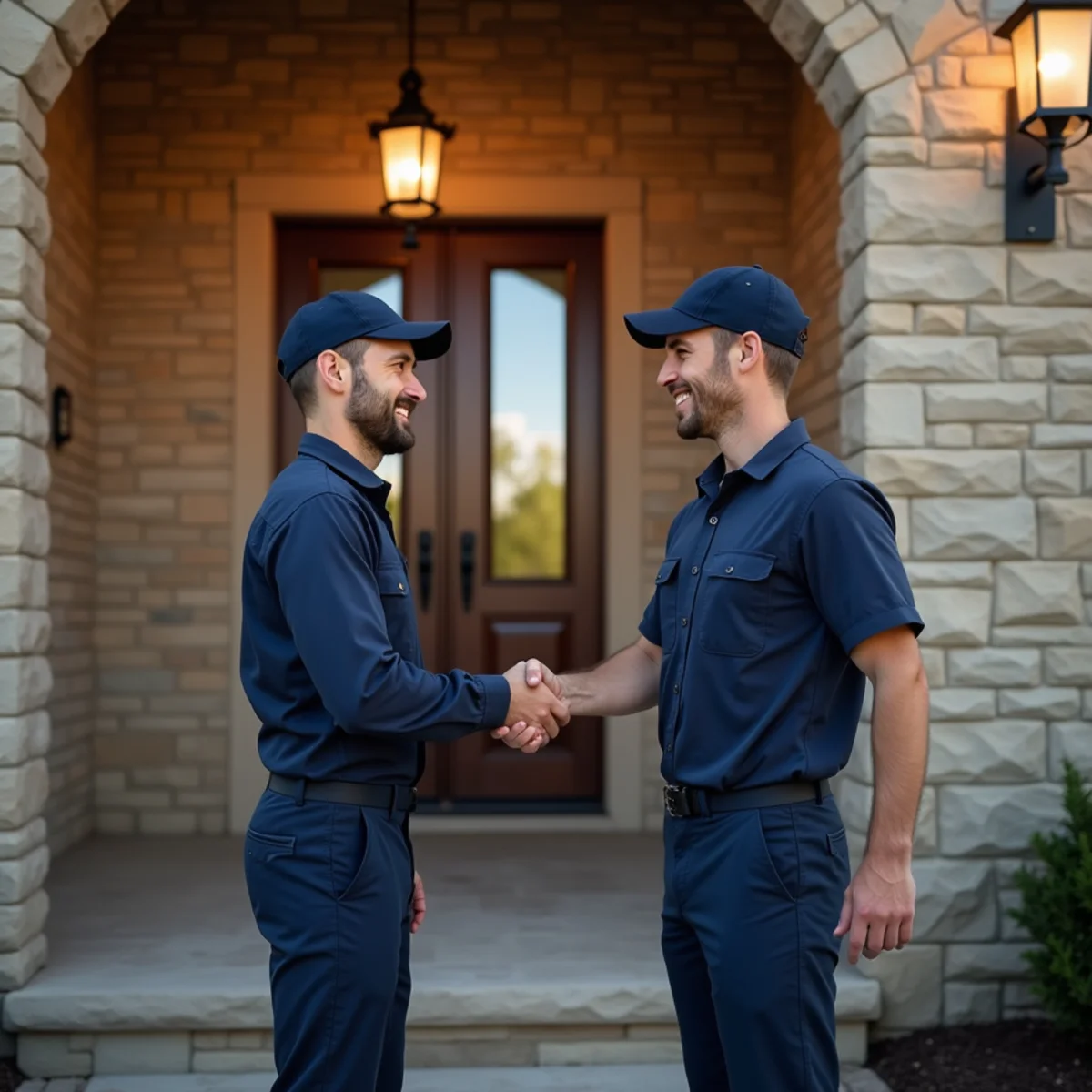 Satisfied Southlake homeowner greeting master plumber at front entryway